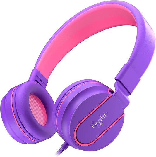 I36 Kids Headphones Children Girls Boys Teens Foldable Adjustable on Ear Headphones 3.5Mm Jack Compatible Cellphones Computer Kindle MP3/4 School Tablet Purple/Red