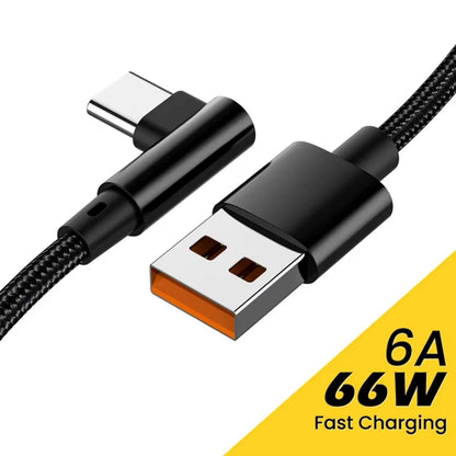 66W 6A USB C 90° Right Angle Cable for Xiaomi Fast Charging Cord for Honor Huawei Oneplus Realme Angled Data Wire Nylon